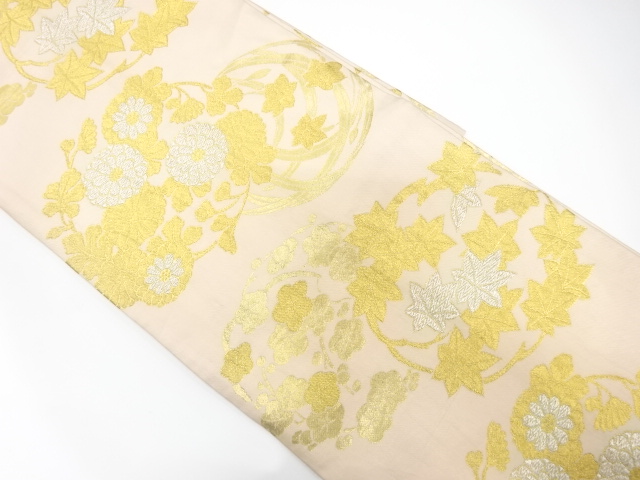 JAPANESE KIMONO / ANTIQUE OBI FOR DANCE / SILK / WOVEN FLOWER ROUNDEL